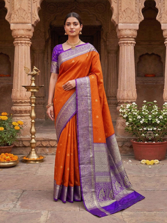 Purpleorange Jacquard Silk Woven Zari Work Rich Pallu Traditional Saree With Unstitch Blose Piece