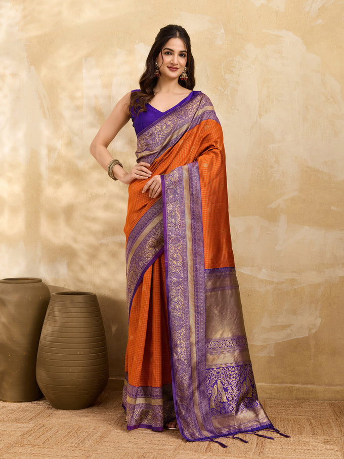 Purpleorange Jacquard Silk Woven Zari Work Rich Pallu Traditional Saree With Unstitch Blose Piece