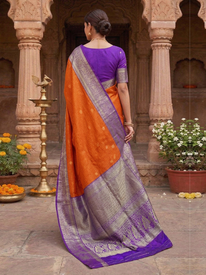 Purpleorange Jacquard Silk Woven Zari Work Rich Pallu Traditional Saree With Unstitch Blose Piece