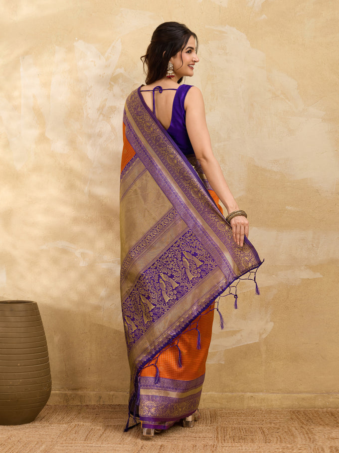 Purpleorange Jacquard Silk Woven Zari Work Rich Pallu Traditional Saree With Unstitch Blose Piece