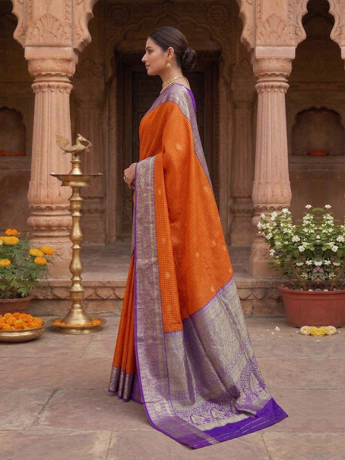 Purpleorange Jacquard Silk Woven Zari Work Rich Pallu Traditional Saree With Unstitch Blose Piece