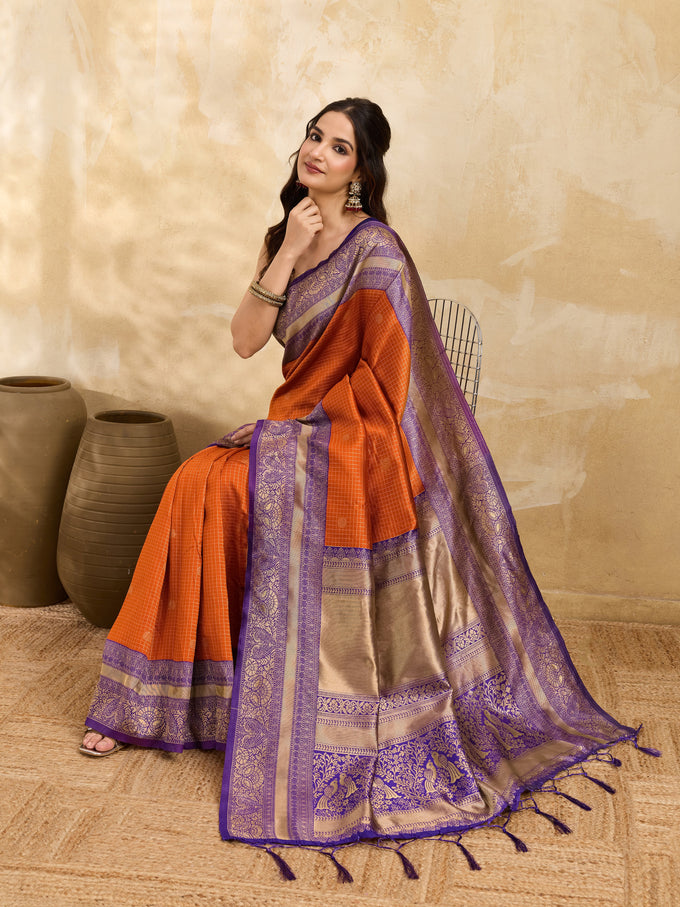 Purpleorange Jacquard Silk Woven Zari Work Rich Pallu Traditional Saree With Unstitch Blose Piece