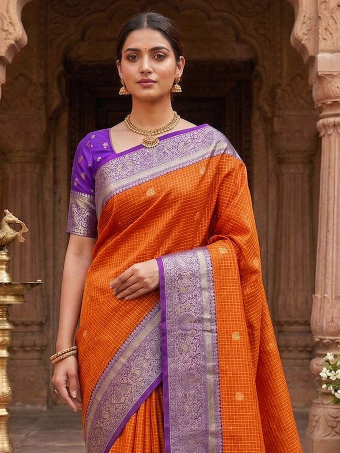 Purpleorange Jacquard Silk Woven Zari Work Rich Pallu Traditional Saree With Unstitch Blose Piece