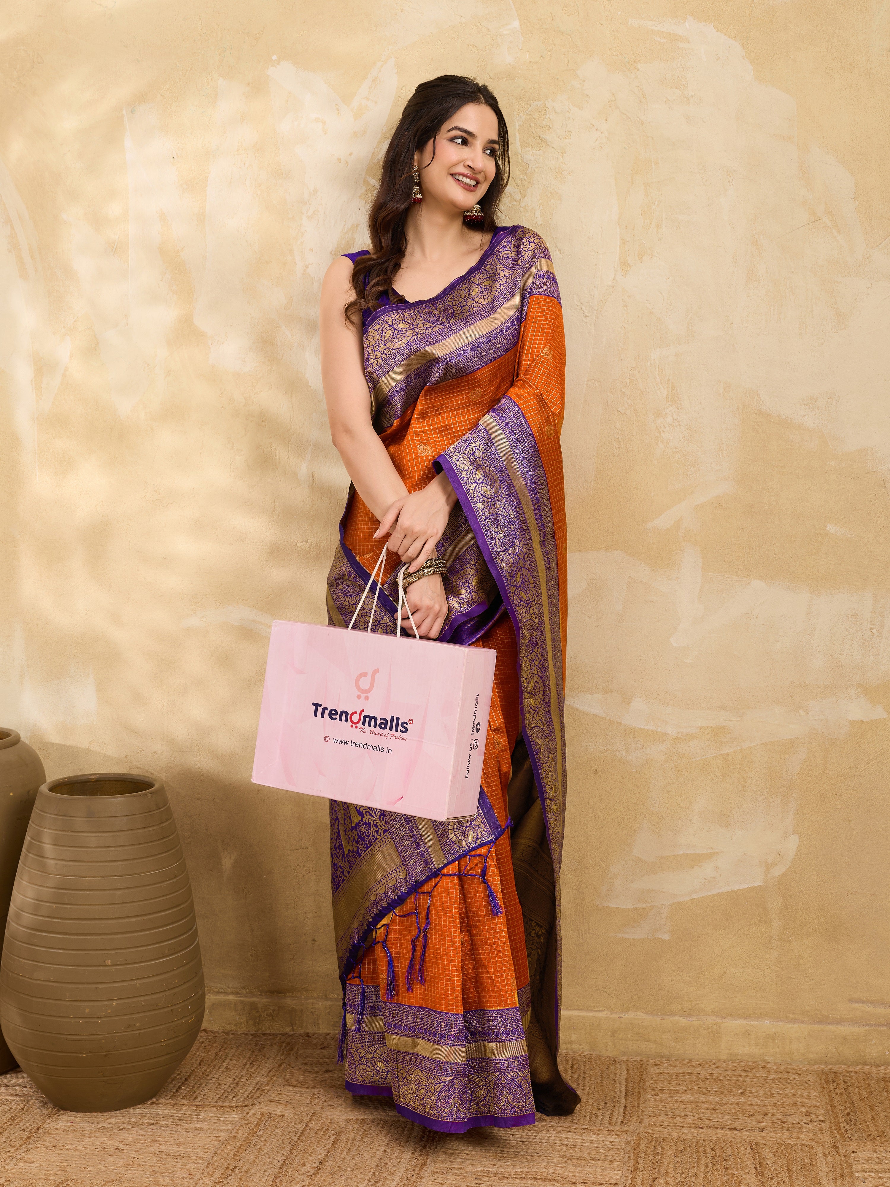 Purpleorange Jacquard Silk Woven Zari Work Rich Pallu Traditional Saree With Unstitch Blose Piece