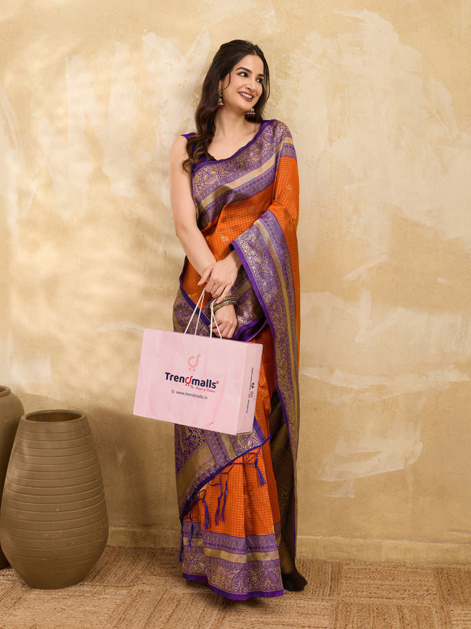 Purpleorange Jacquard Silk Woven Zari Work Rich Pallu Traditional Saree With Unstitch Blose Piece