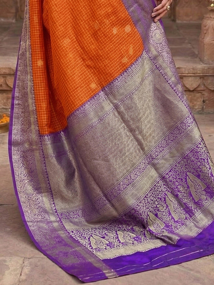 Purpleorange Jacquard Silk Woven Zari Work Rich Pallu Traditional Saree With Unstitch Blose Piece