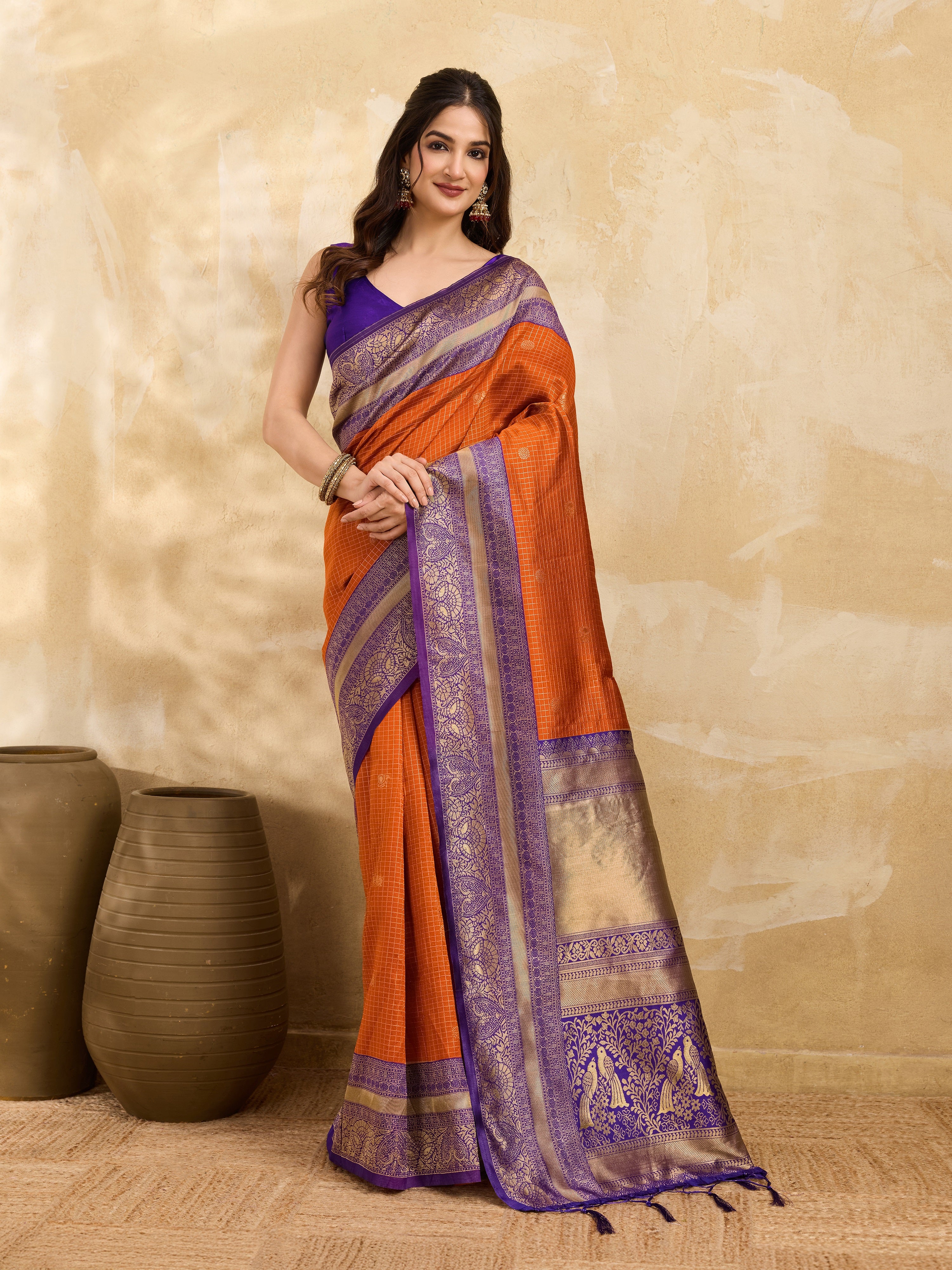 Purpleorange Jacquard Silk Woven Zari Work Rich Pallu Traditional Saree With Unstitch Blose Piece