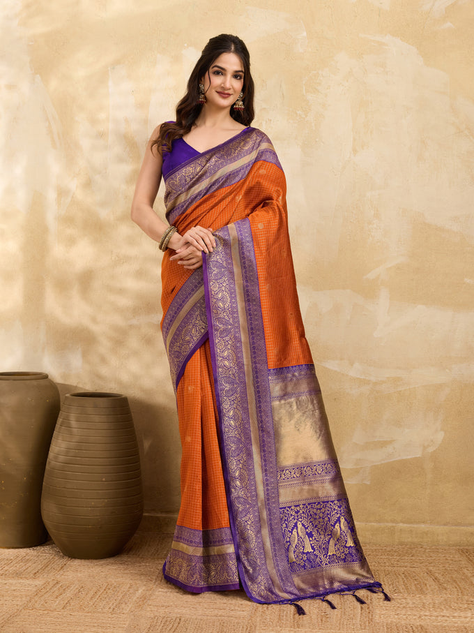 Purpleorange Jacquard Silk Woven Zari Work Rich Pallu Traditional Saree With Unstitch Blose Piece