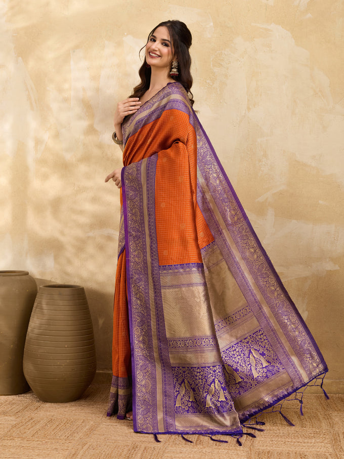 Purpleorange Jacquard Silk Woven Zari Work Rich Pallu Traditional Saree With Unstitch Blose Piece