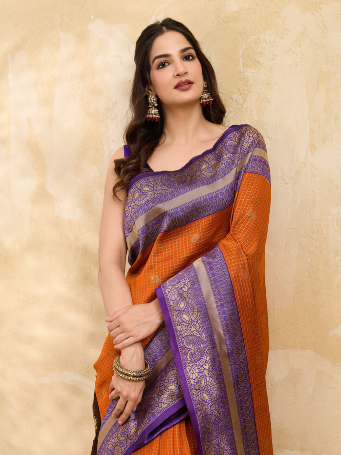 Purpleorange Jacquard Silk Woven Zari Work Rich Pallu Traditional Saree With Unstitch Blose Piece