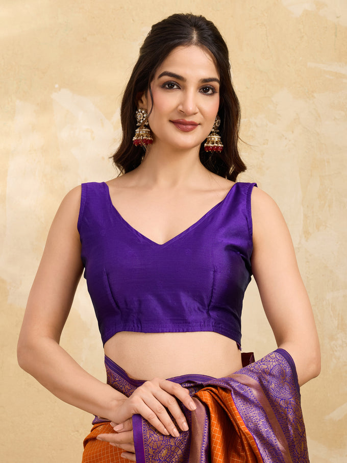Purpleorange Jacquard Silk Woven Zari Work Rich Pallu Traditional Saree With Unstitch Blose Piece