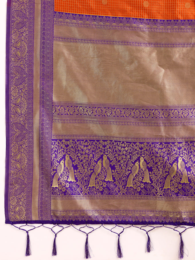 Purpleorange Jacquard Silk Woven Zari Work Rich Pallu Traditional Saree With Unstitch Blose Piece