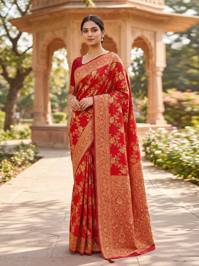 Red Jacquard Silk Woven Zari Work Rich Pallu Traditional Saree With Unstitch Blose Piece