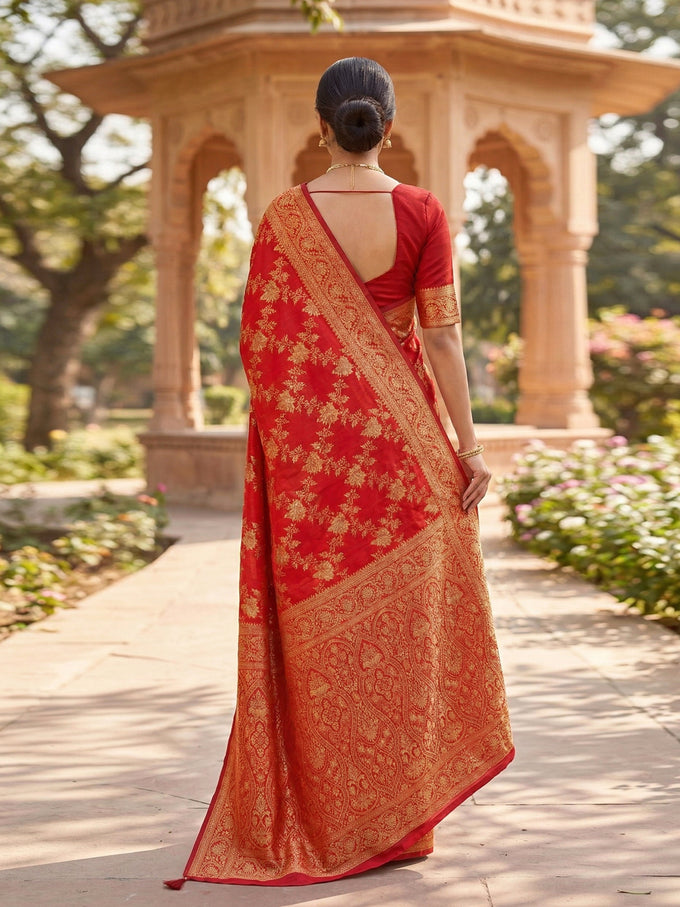 Red Jacquard Silk Woven Zari Work Rich Pallu Traditional Saree With Unstitch Blose Piece
