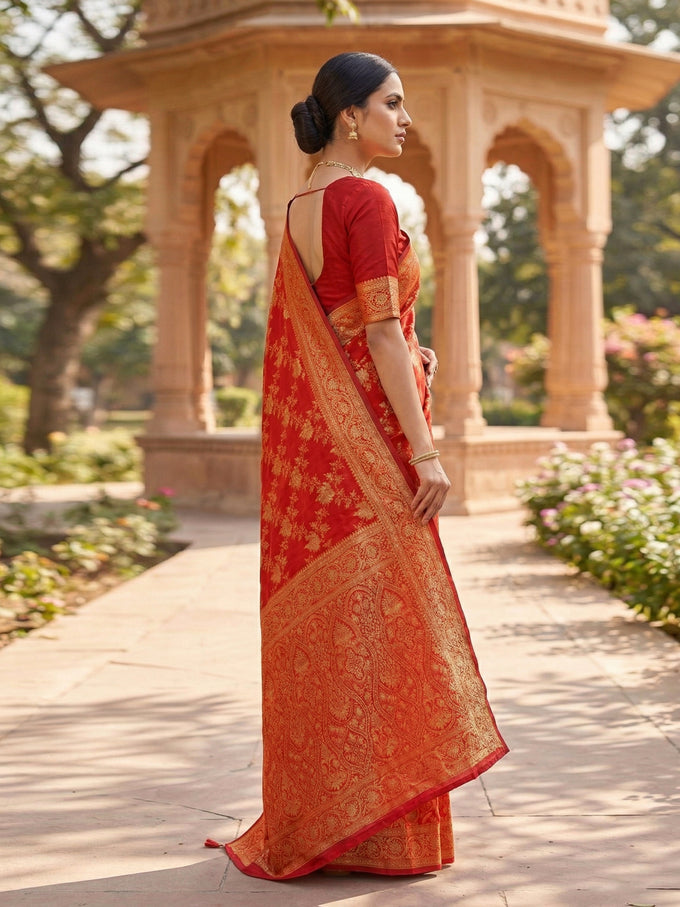 Red Jacquard Silk Woven Zari Work Rich Pallu Traditional Saree With Unstitch Blose Piece