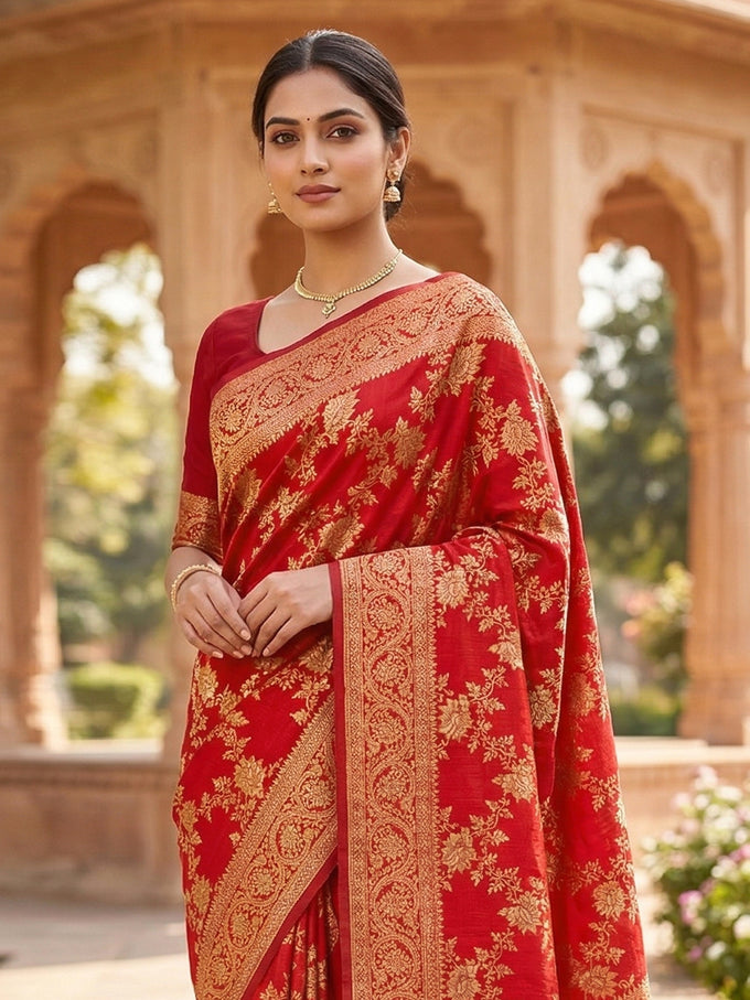 Red Jacquard Silk Woven Zari Work Rich Pallu Traditional Saree With Unstitch Blose Piece