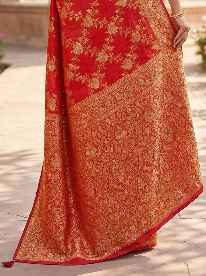 Red Jacquard Silk Woven Zari Work Rich Pallu Traditional Saree With Unstitch Blose Piece