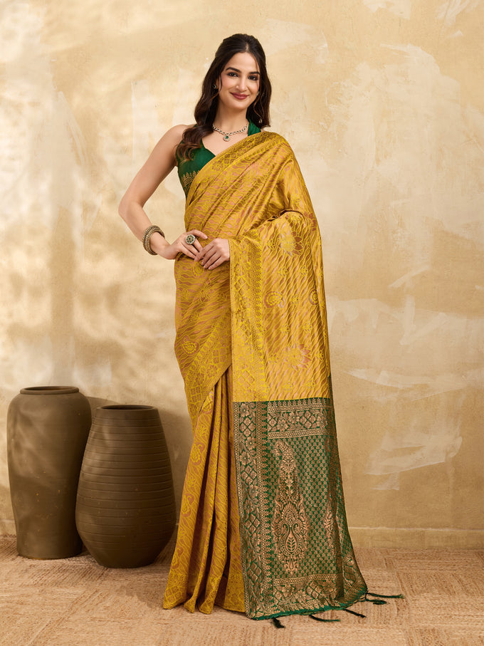Yellow Jacquard Silk Woven Zari Work Rich Pallu Traditional Saree With Unstitch Blose Piece