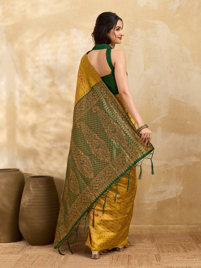 Yellow Jacquard Silk Woven Zari Work Rich Pallu Traditional Saree With Unstitch Blose Piece