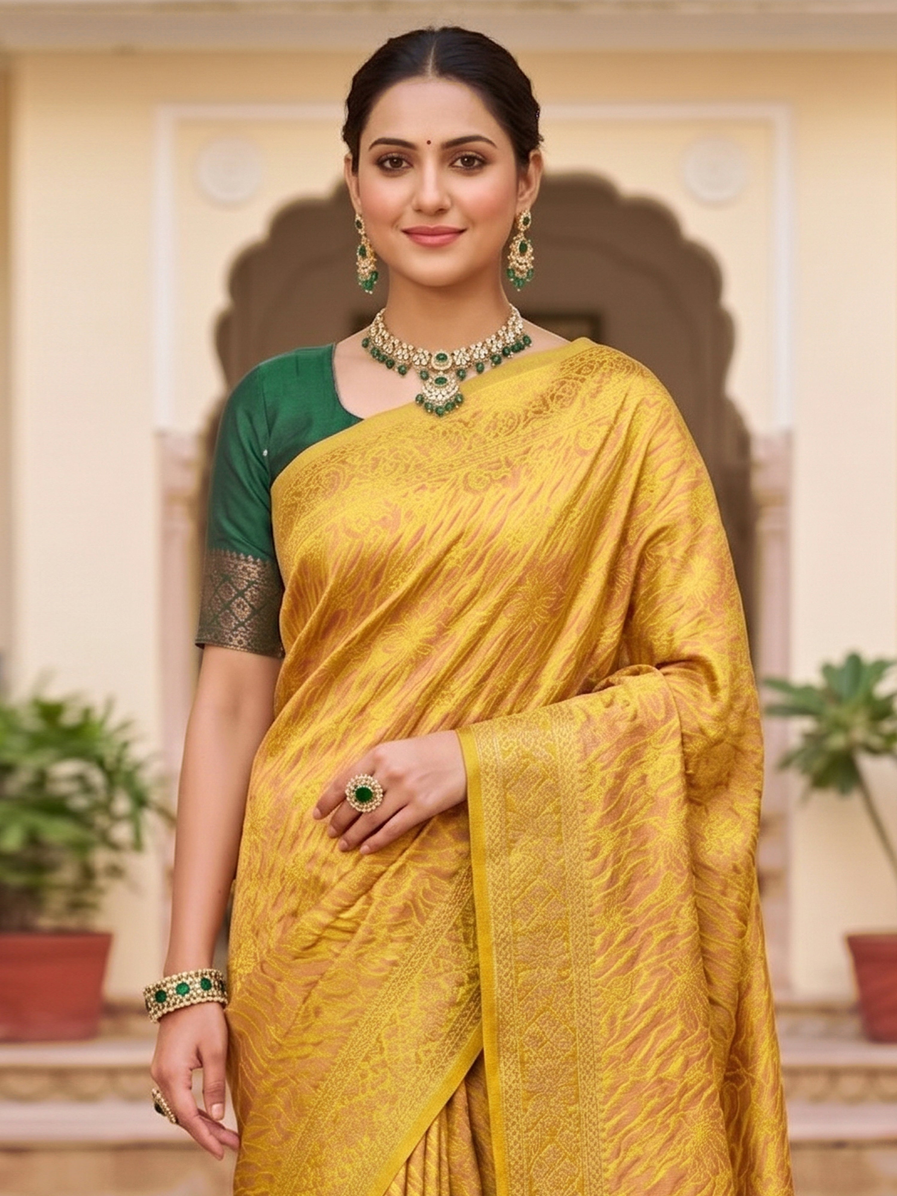 Yellow Jacquard Silk Woven Zari Work Rich Pallu Traditional Saree With Unstitch Blose Piece
