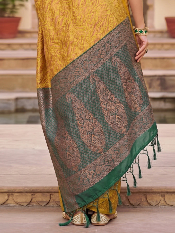 Yellow Jacquard Silk Woven Zari Work Rich Pallu Traditional Saree With Unstitch Blose Piece