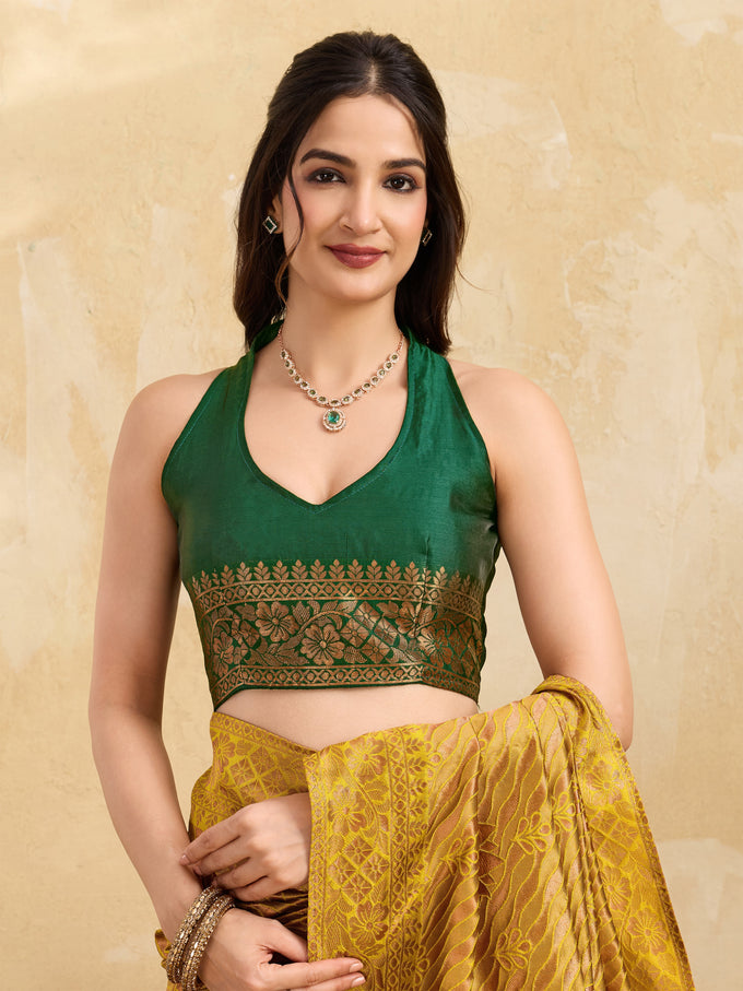 Yellow Jacquard Silk Woven Zari Work Rich Pallu Traditional Saree With Unstitch Blose Piece