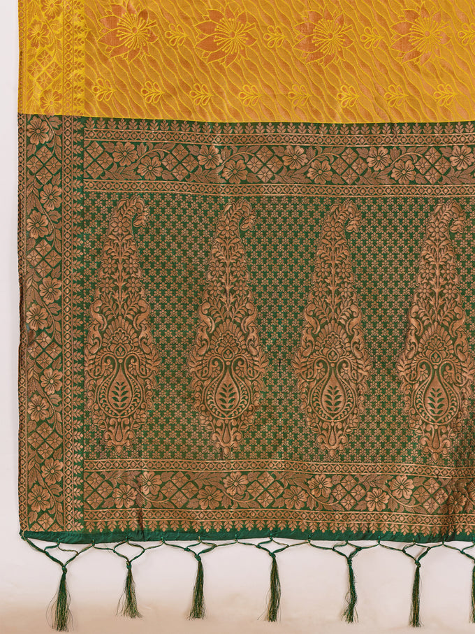 Yellow Jacquard Silk Woven Zari Work Rich Pallu Traditional Saree With Unstitch Blose Piece