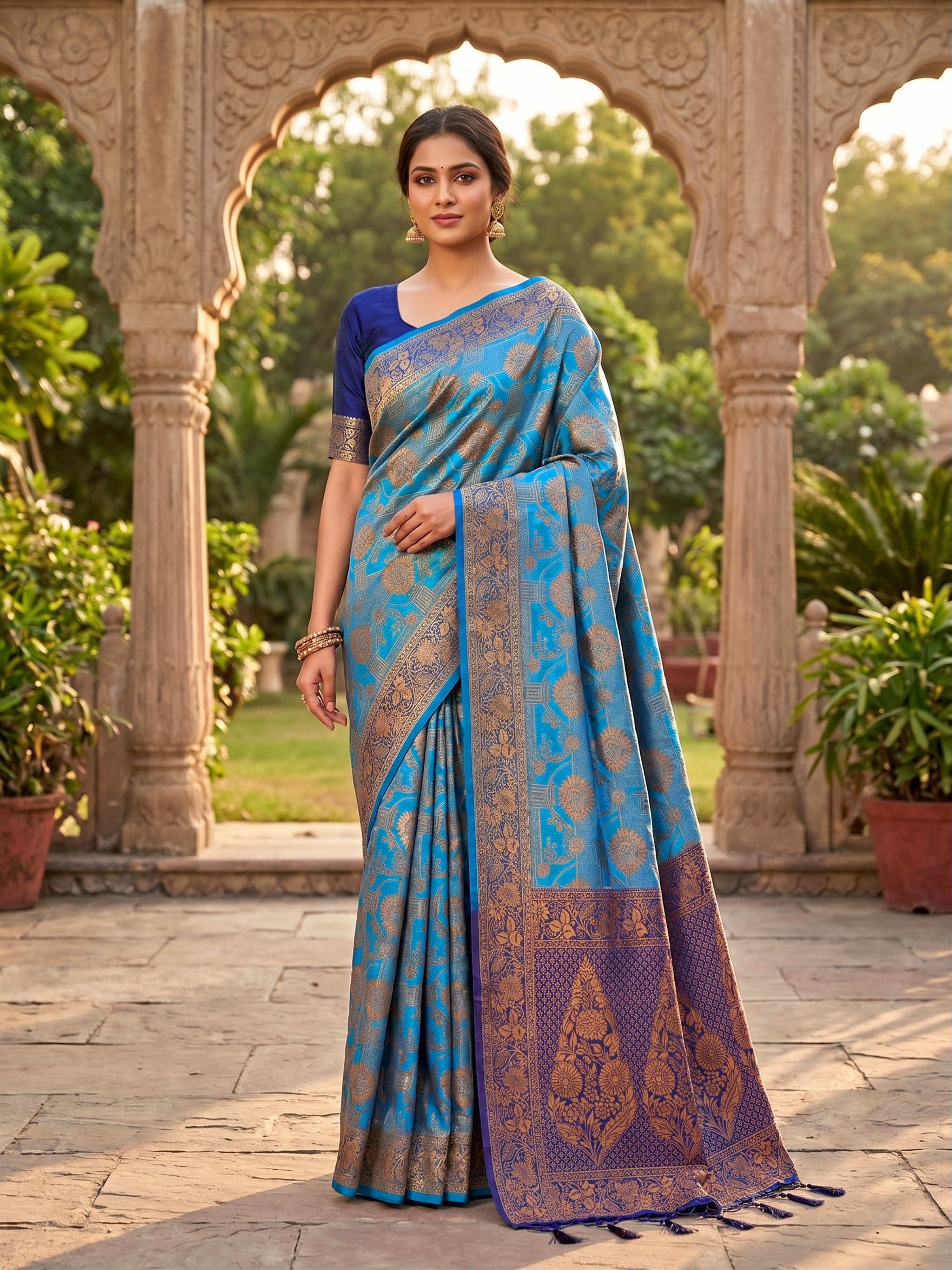 BlueTurquoise Jacquard Silk Woven Zari Work Rich Pallu Traditional Saree With Unstitch Blose Piece