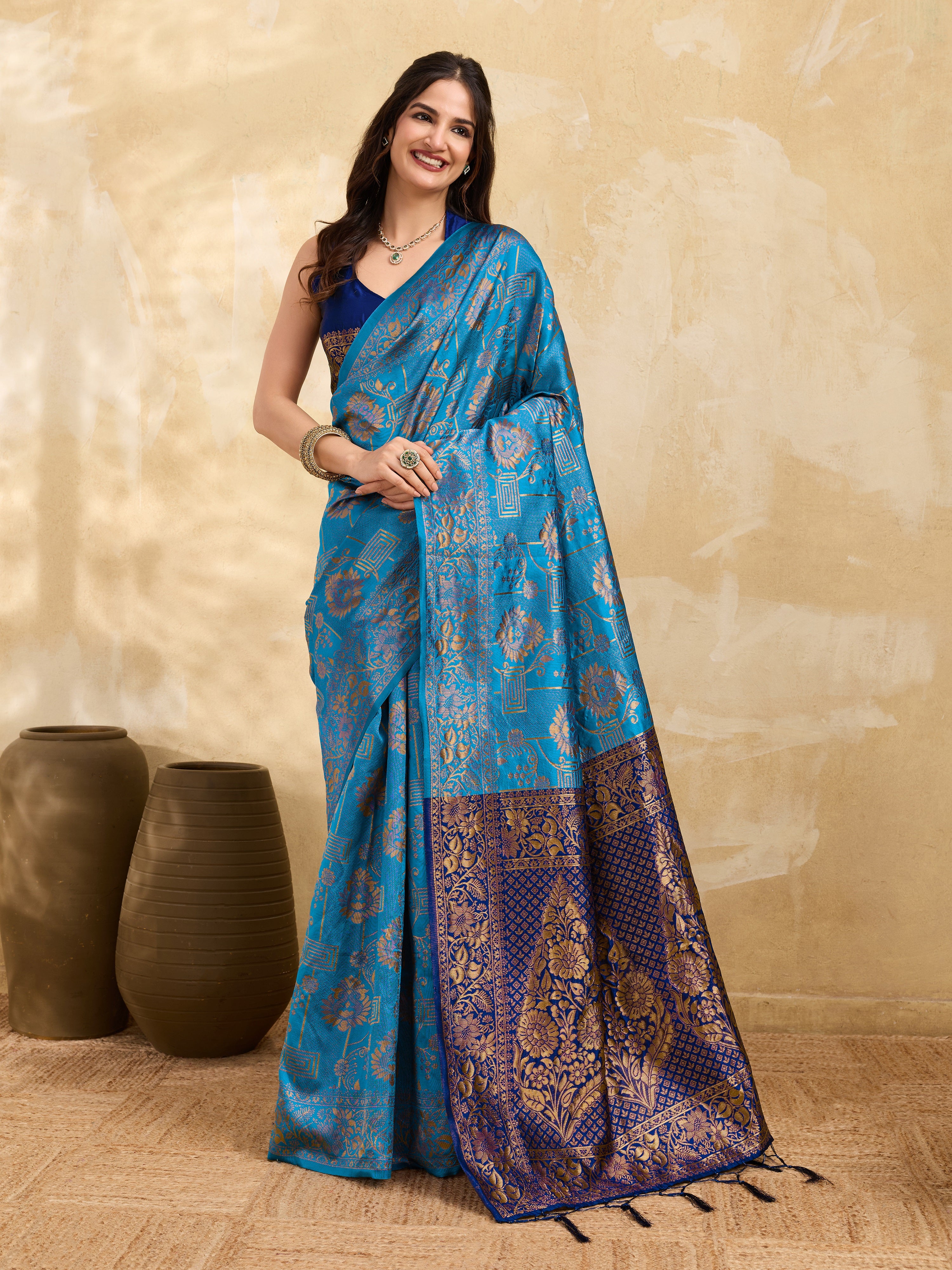 BlueTurquoise Jacquard Silk Woven Zari Work Rich Pallu Traditional Saree With Unstitch Blose Piece