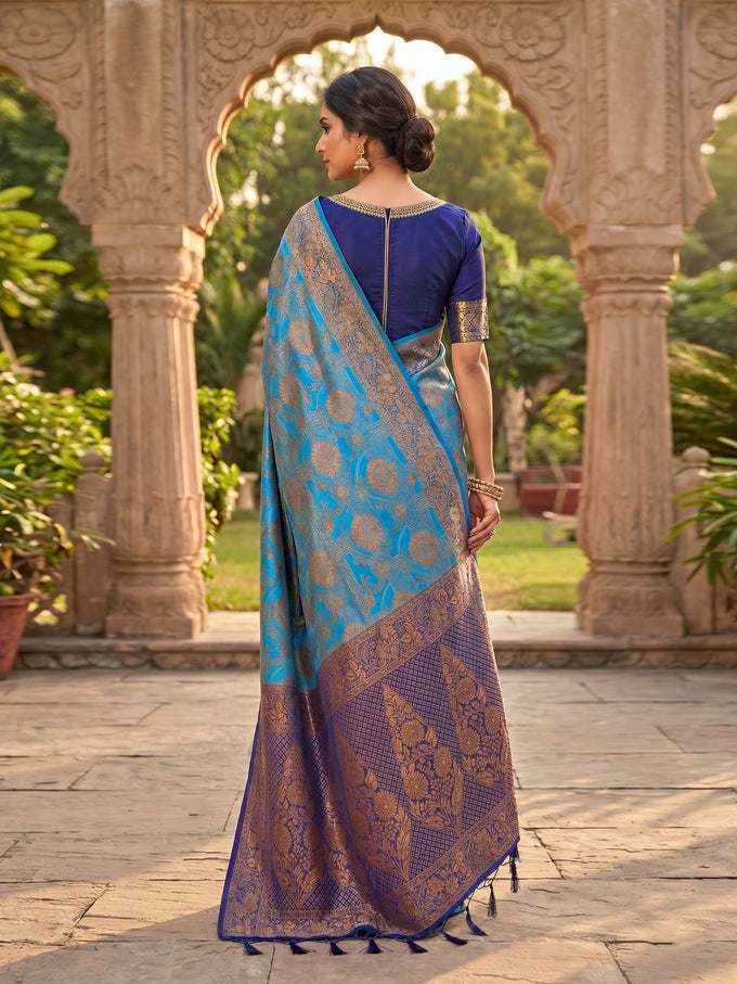 BlueTurquoise Jacquard Silk Woven Zari Work Rich Pallu Traditional Saree With Unstitch Blose Piece