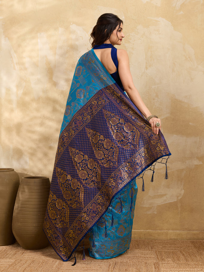 BlueTurquoise Jacquard Silk Woven Zari Work Rich Pallu Traditional Saree With Unstitch Blose Piece