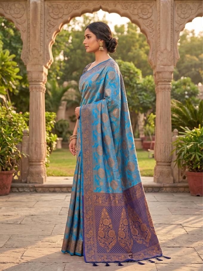BlueTurquoise Jacquard Silk Woven Zari Work Rich Pallu Traditional Saree With Unstitch Blose Piece