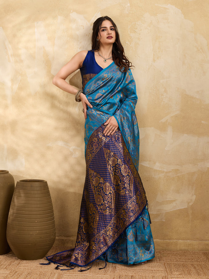 BlueTurquoise Jacquard Silk Woven Zari Work Rich Pallu Traditional Saree With Unstitch Blose Piece