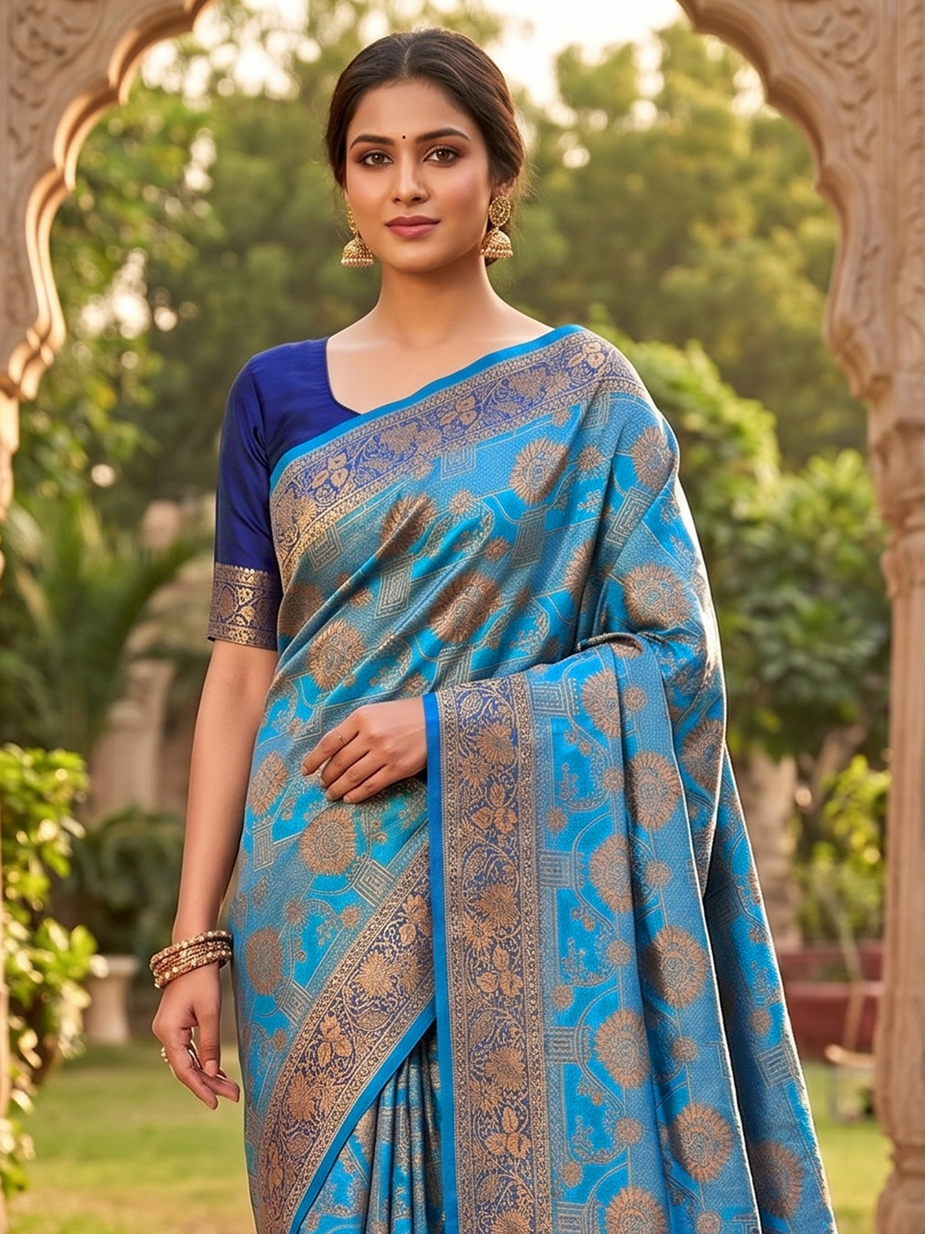 BlueTurquoise Jacquard Silk Woven Zari Work Rich Pallu Traditional Saree With Unstitch Blose Piece