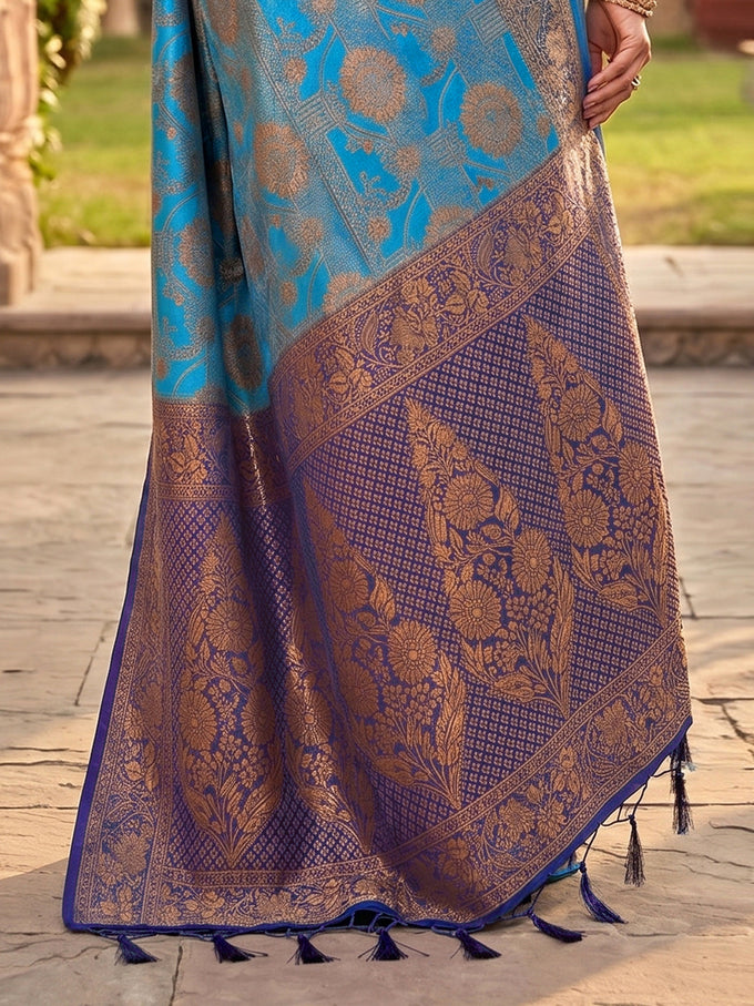 BlueTurquoise Jacquard Silk Woven Zari Work Rich Pallu Traditional Saree With Unstitch Blose Piece