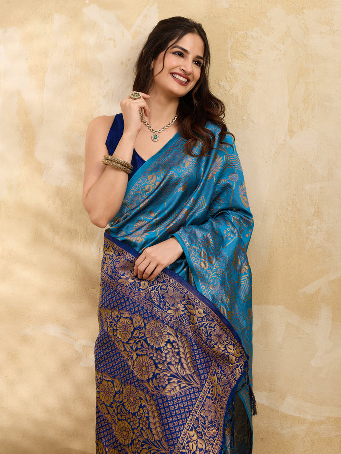 BlueTurquoise Jacquard Silk Woven Zari Work Rich Pallu Traditional Saree With Unstitch Blose Piece