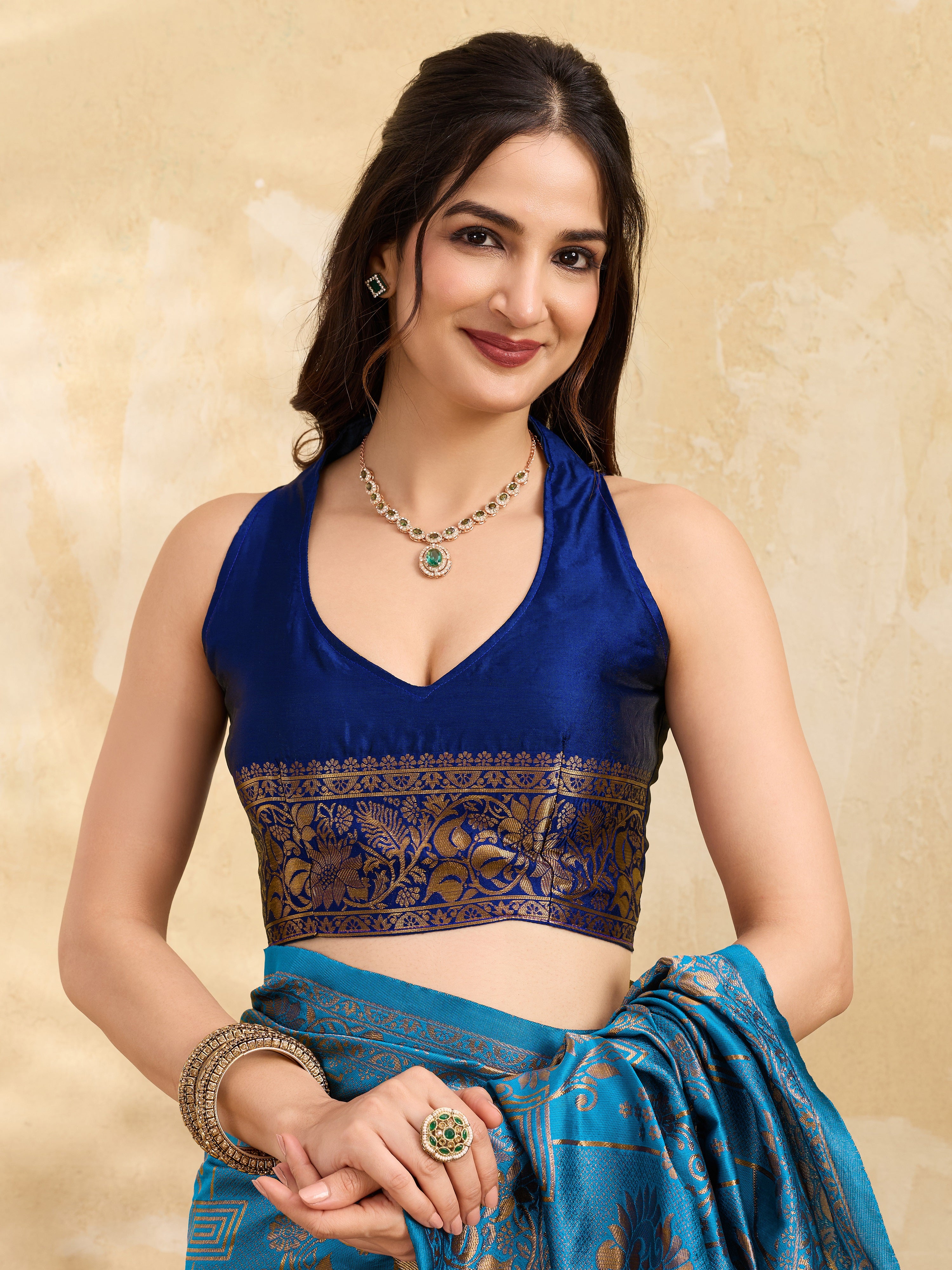 BlueTurquoise Jacquard Silk Woven Zari Work Rich Pallu Traditional Saree With Unstitch Blose Piece