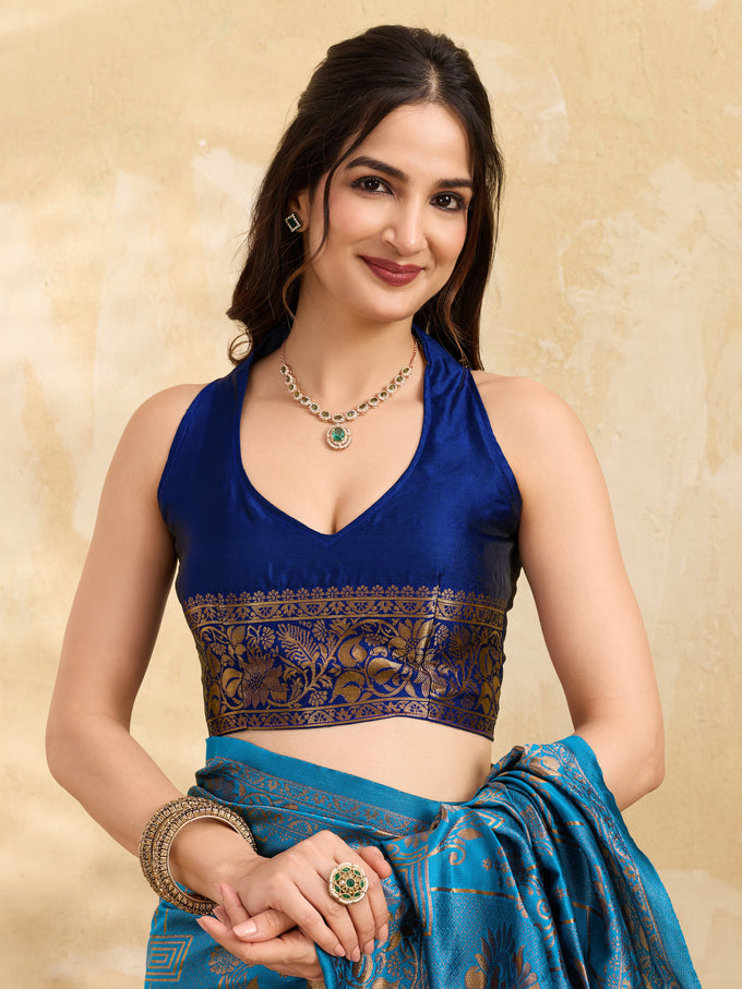 BlueTurquoise Jacquard Silk Woven Zari Work Rich Pallu Traditional Saree With Unstitch Blose Piece