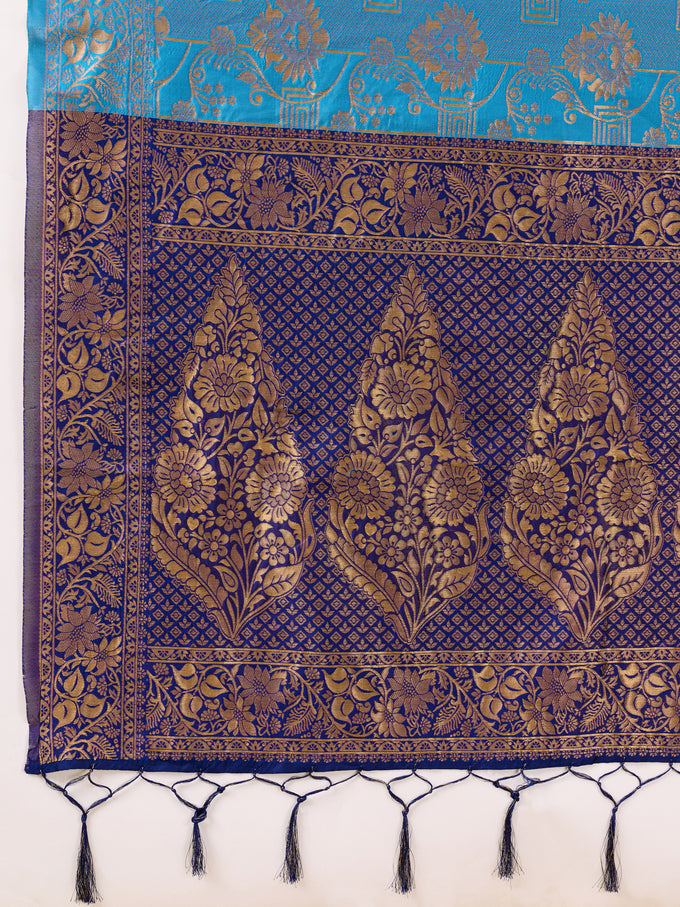 BlueTurquoise Jacquard Silk Woven Zari Work Rich Pallu Traditional Saree With Unstitch Blose Piece