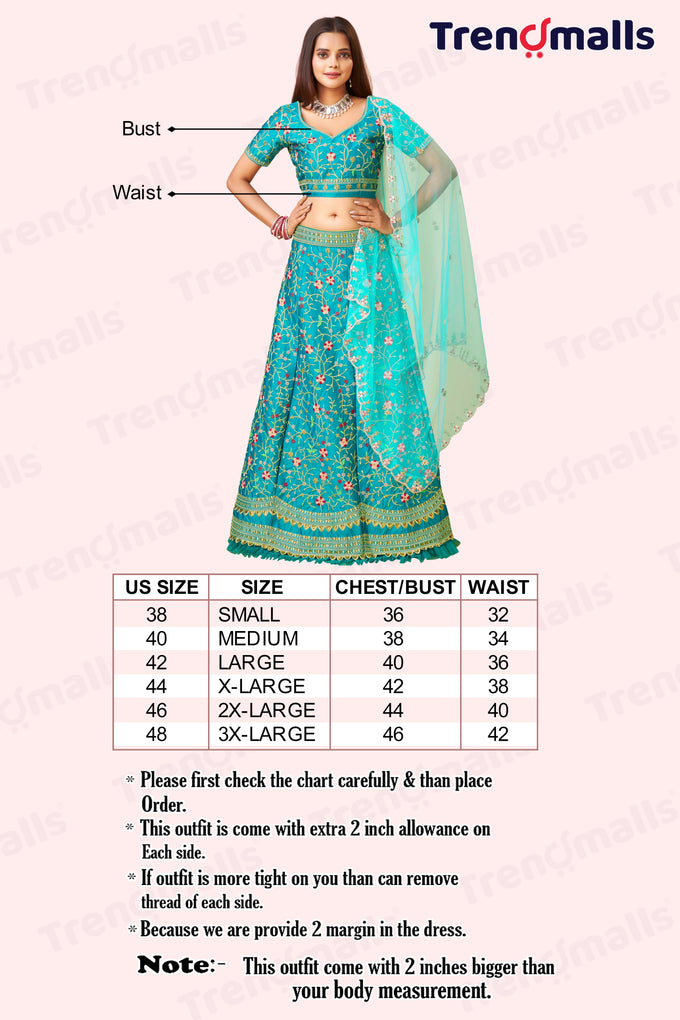 Turquoise Satin Embroidery Lehenga Choli With Dupatta For Women's Trendmalls