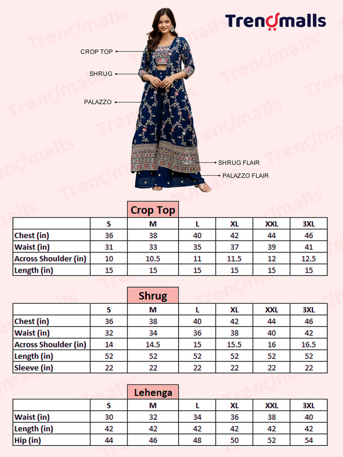 Women's Georgette Embroidery Crop Top with Flared Palazzo and Shrug Set Trendmallsin
