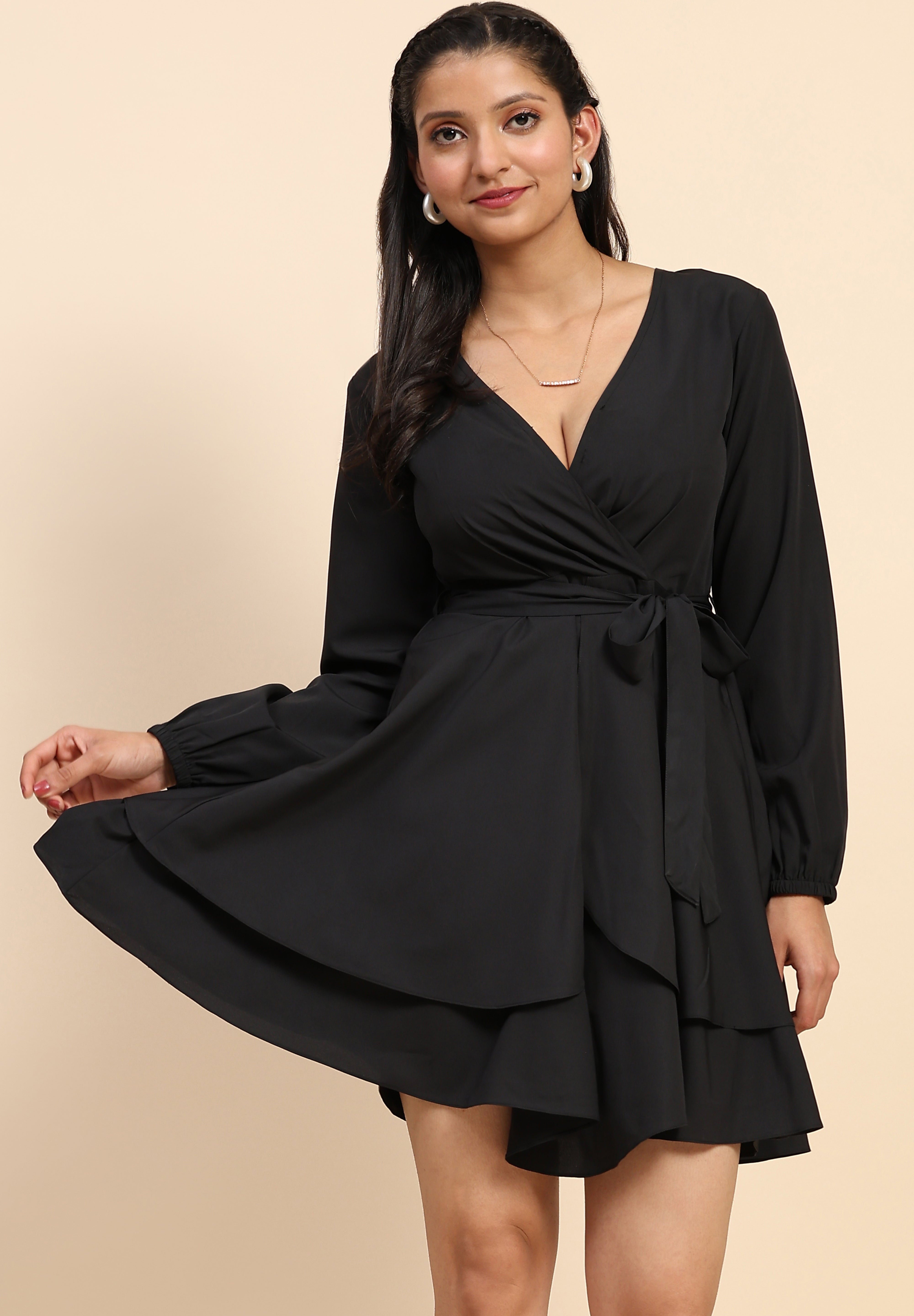 TRENDMALLS Women's Crepe Short Western Deep V-Neck Long Sleeve Waist Tie Ruffle Mini Swing Skater Dresses Trendmallsin