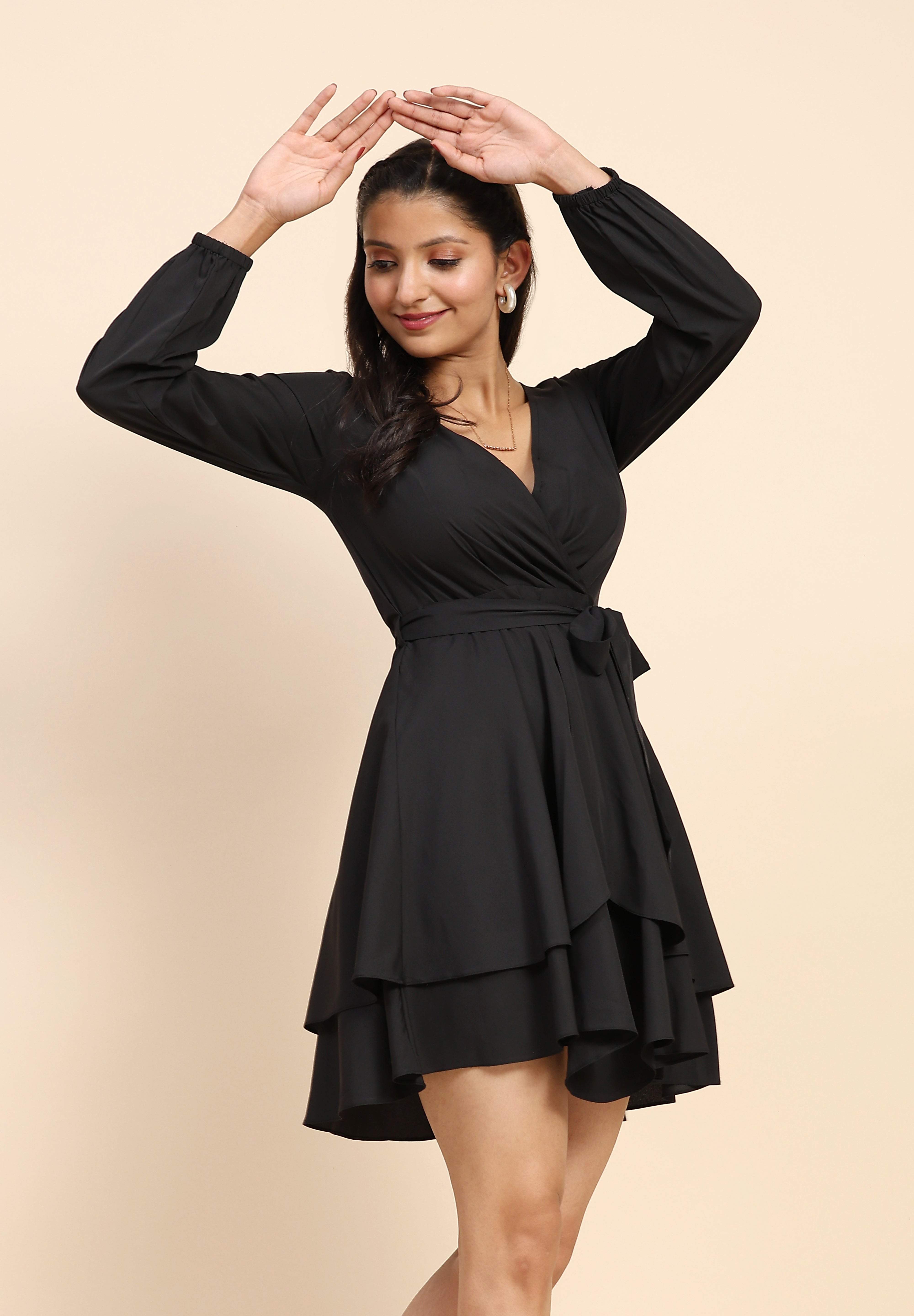 TRENDMALLS Women's Crepe Short Western Deep V-Neck Long Sleeve Waist Tie Ruffle Mini Swing Skater Dresses Trendmallsin