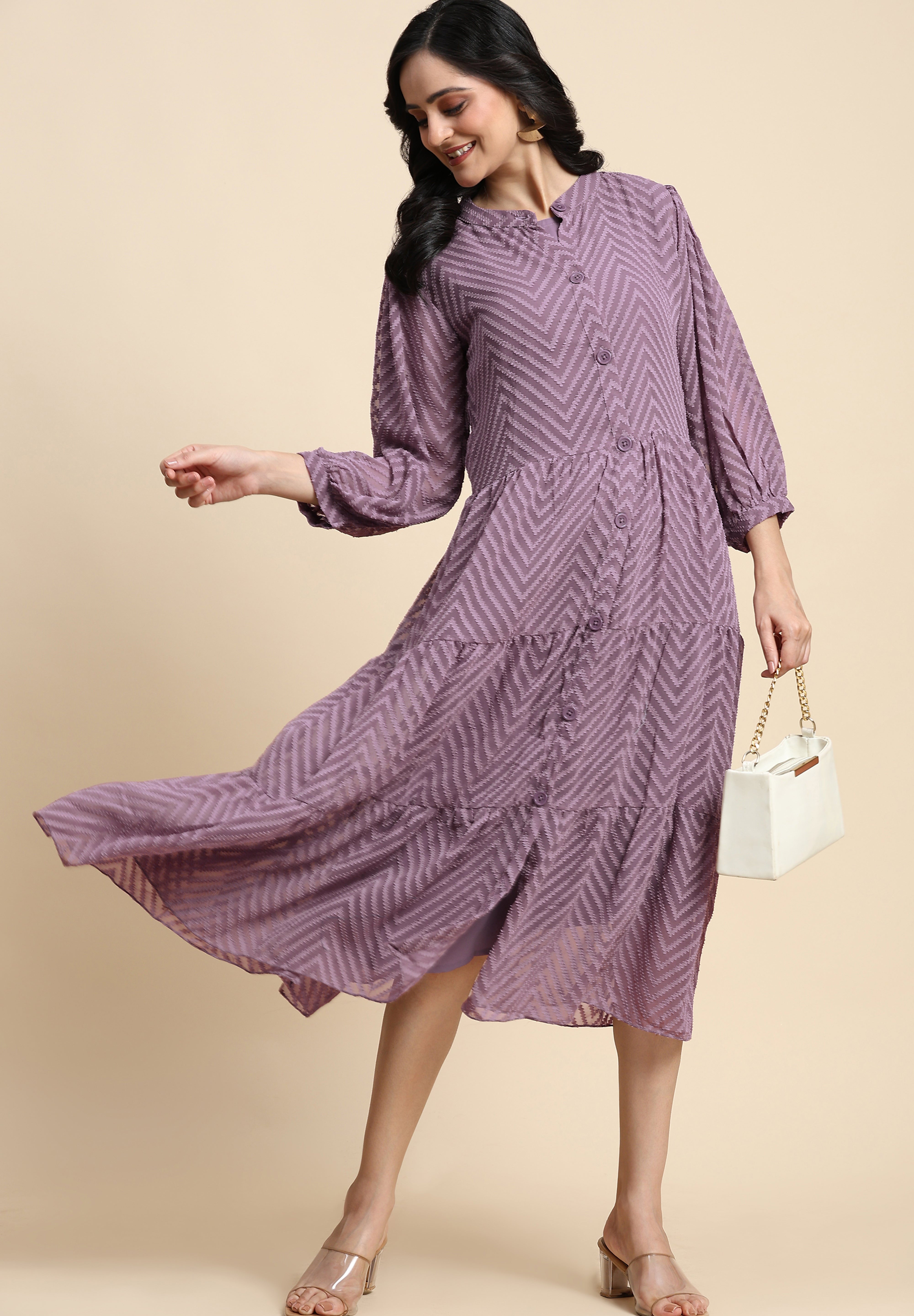 TRENDMALLS Shrug Dress for Women Brasso Midi Western Dress with Collar Neck Puff Sleeve Shrug Trendmalls
